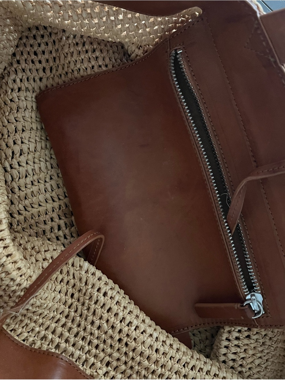 Woven Straw Tote with Brown Leather Handles - Picture 4 of 5